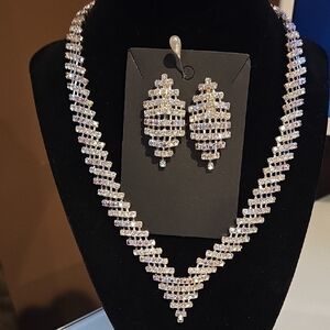 Wedding Set!  Silver and Iridescent CZ Necklace and Clipon Earring Set